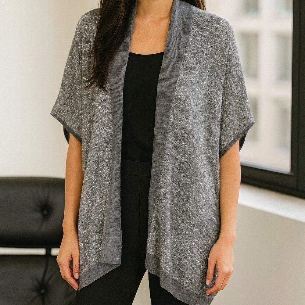 Ann Taylor LOFT Wool Blend Gray Sequins Open Front Cardigan Short Sleeve Size L